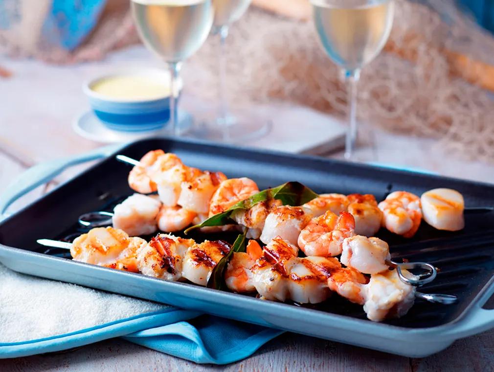 Seafood Brochettes with White Wine Hollandaise