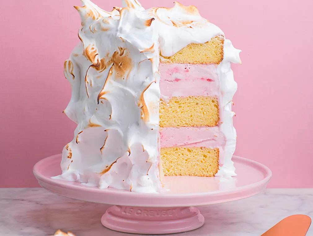 Strawberry-layered Sponge Cake with Toasted Meringue Frosting
