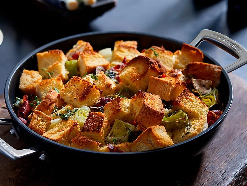 Savoury Bread And Butter Pudding With Blue Cheese Serrano Ham And Leeks