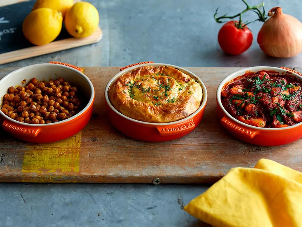 Greek-inspired Tapas: Roasted Spiced Chickpeas, Mini Spanakopita, Gigantes Plaki