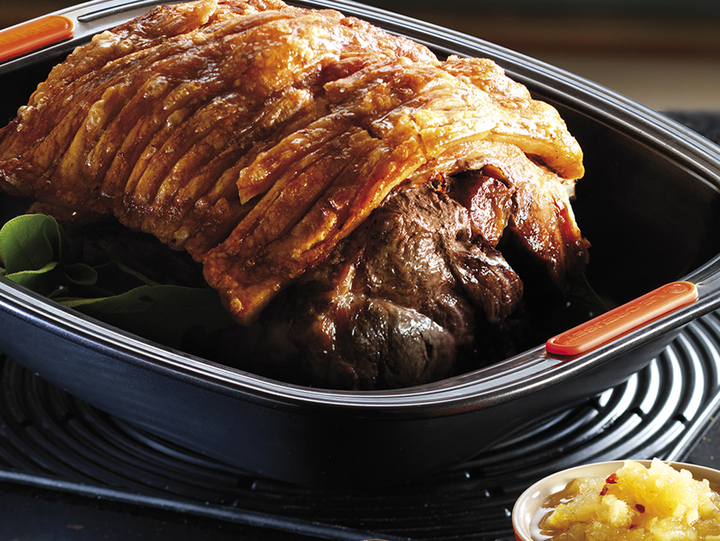 Slow roasted Pork Shoulder with Crackling and Fresh Spiced Apple Sauce Le Creuset