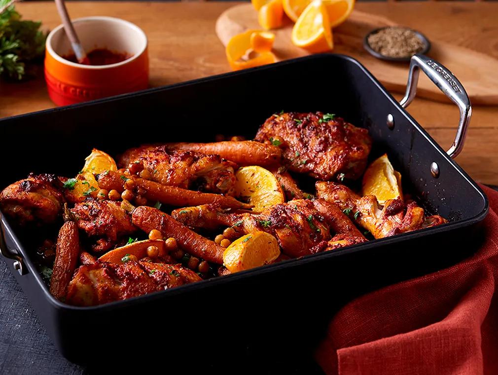 Crispy Harissa Chicken With Braised Cumin And Orange Carrots